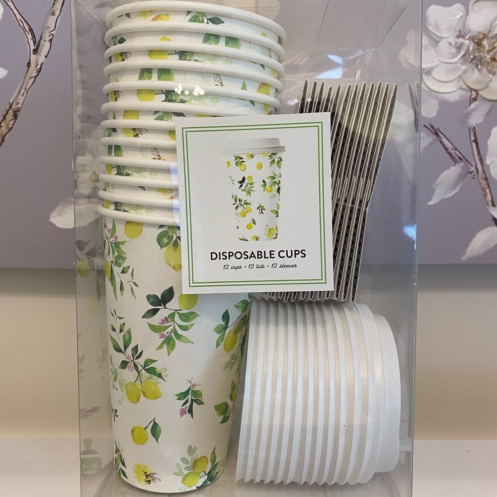 NIB Lemon Print Disposable 16oz Cups - 12 Pack